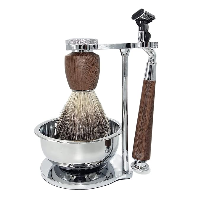 Luxury Safety Razor Shaving Kit for Men,with Shaving Bowl,Badger Hair Brush,Shaving Stand and Manual Razor Compatible with 3-Layer Razor Cartridge,Unique Wet Shave Set Gift for Men
