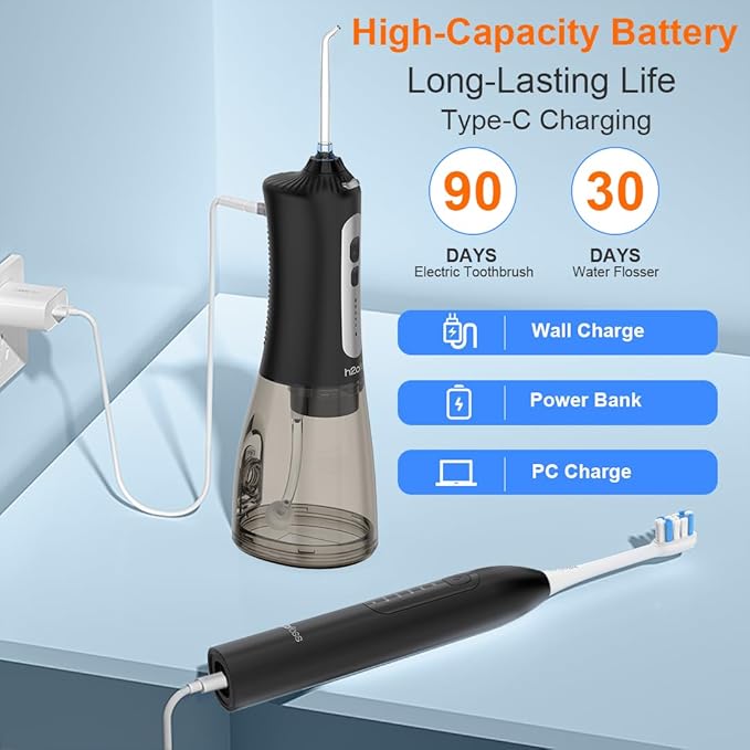H2ofloss Sonic Electric Toothbrush and Water Flosser Combo, Rechargeable 2000mAh Toothbrush and 2500mAh Oral Irrigator with 300ml Tank, 4 Brush Heads, 5 Nozzles, 2 in 1 for Home and Travel (Black)
