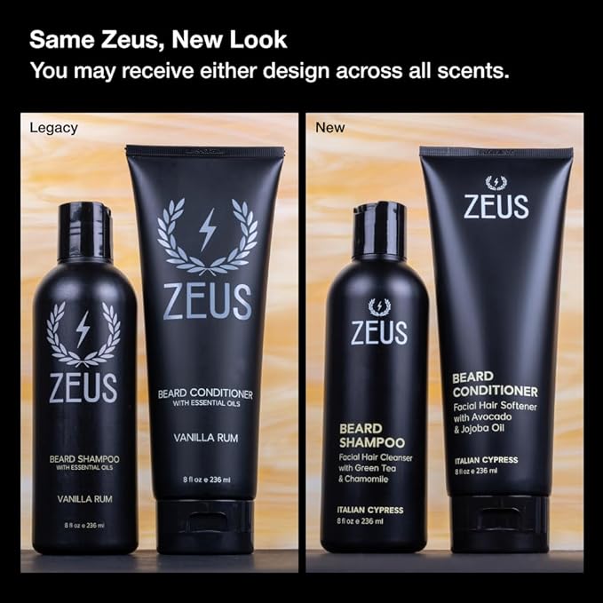 ZEUS Beard Wash Set for Men, Shampoo & Conditioner Duo with Green Tea, Chamomile & Essential Oils to Hydrates, Softens & Strengthens Facial Hair and Skin (Made in USA) Italian Cypress