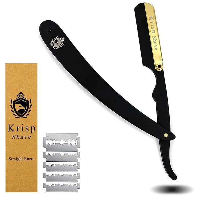 Professional Straight Razors For Men, Barber Razors, Straight Edge Razor Kit For Close Shaving - Beard Cut Throat Straight Razor Safety Shavette - 10 Shaving Blades By Krisp Beauty (Black/Gold)