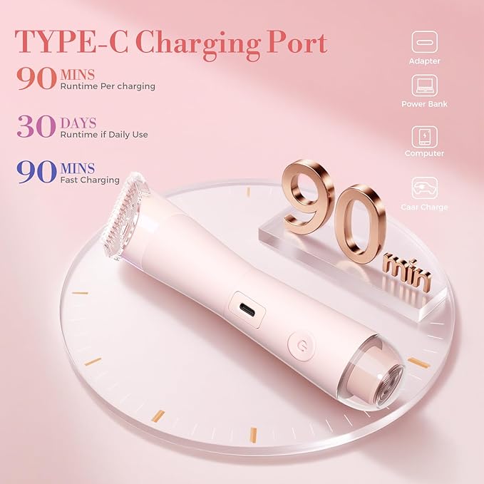 Bikini Trimmer for Women, Flyant 2 in 1 Electric Shaver for Women, Pubic Hair Trimmer Waterproof IPX7 with LED, Bikini Razor for Leg Arm Underarm Bikini Area, Christmas Gifts for Her - Rose Pink