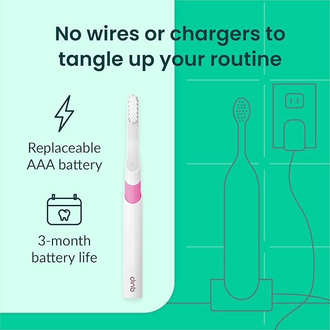 Quip Sonic Electric Toothbrush for Adults - Time Travel & Soft Bristles with Travel Case & Replacement Brush Head - 3 Month Battery Life, Plastic Handle - Magenta