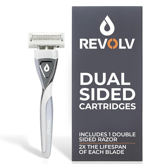 REVOLV - Men’s Razor - 1 Premium Weighted Handle + 1 Dual-Sided Cartridge - For a Closer, Smoother Shave - Safe on Sensitive Skin - Grey