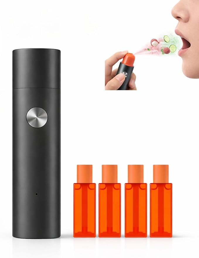 Smart Electric Oral Spray, Portable Electric Breath Spray & Rechargeable Mouth Spray with 4 Pods (2 Flavors: Lychee & Cucumber), Instant Fresh Breath in 3s, Alcohol& Sugar Free (Dark Grey)