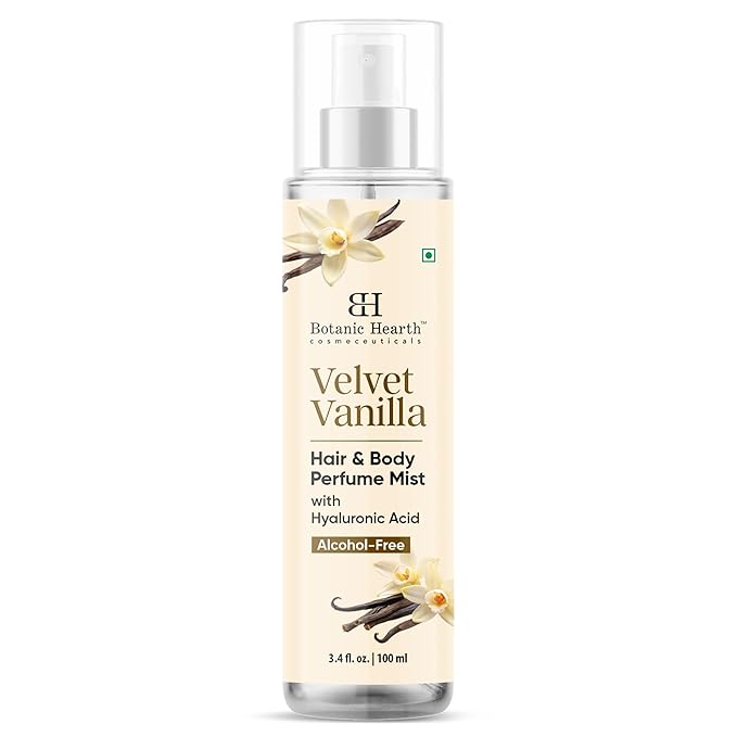 Botanic Hearth Velvet Vanilla Hair & Body Perfume Mist with Hyaluronic Acid, Alcohol-Free Formula, Long Lasting Fresh Vanilla Scent, Lightweight Body Spray for Women & Men, 3.4 fl oz / 100 ml