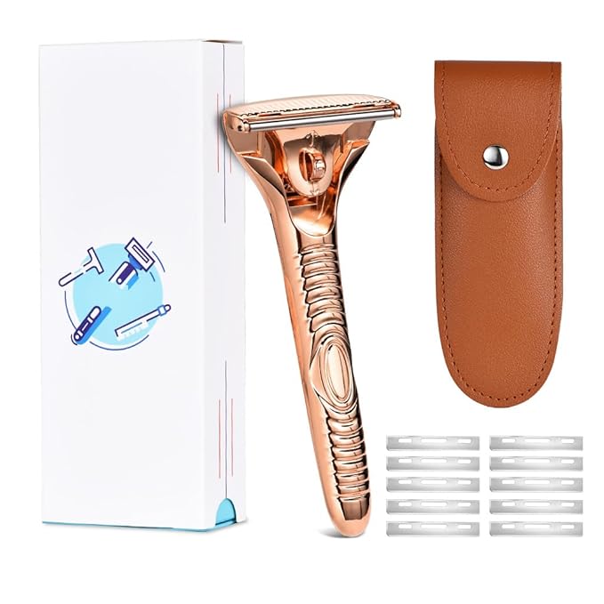 Single Blade Razors for Men and Women, Reusable Modular Safety Razor with Magnetic Head and Metal Non-Slip Grip, 10 Single Edge Razor Blades & Leather Case,Rose Gold Roller