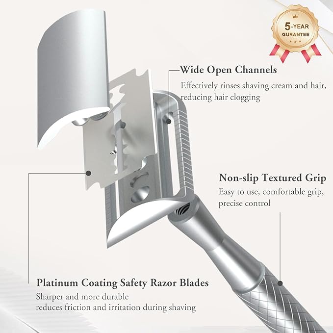 Matte Silver Safety Razor - Single Blade Razors for Men - Reusable Metal Razor, with 5 Stainless Steel Double Edge Blades, Smooth Close Shave, Sustainable, Plastic Free