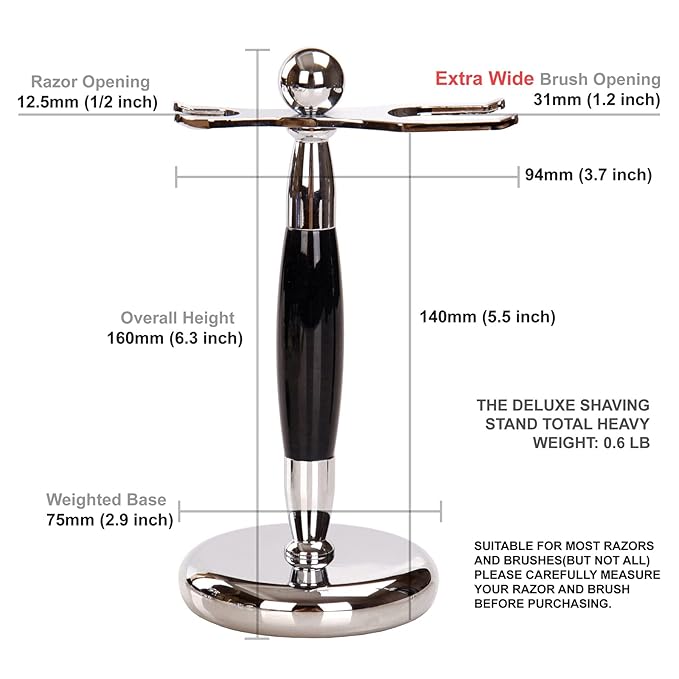 SANWA Deluxe Stainless Steel Shaving Brush Stand Holder for Razor & Brush - Extra Wide Openings, Weighted Base Black Handle