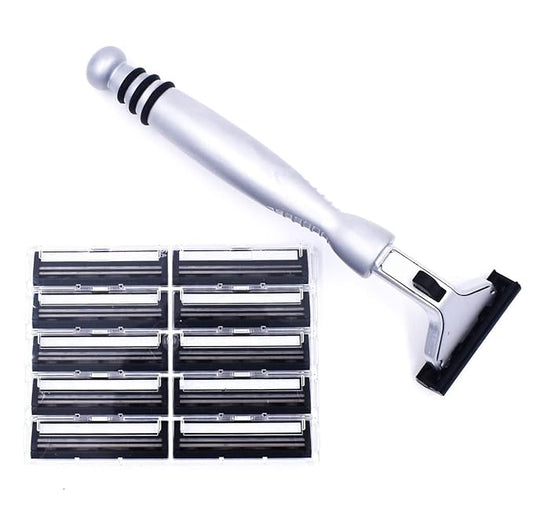 Taconic All‑Metal Heavyweight Chrome Razor – Gillette® Atra-Compatible Twin Blade Handle with 10 Pivot Plus Personna Blades, Ergonomic Grip, Durable Design