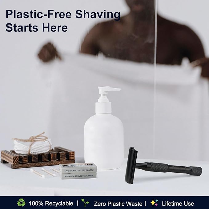 Matte Black Safety Razor, Single Blade Razors for Men, with 10 Platinum Coated Stainless Steel Double Edge Safety Razor Blades, Smooth & Close Shave, Plastic Free, Sustainable