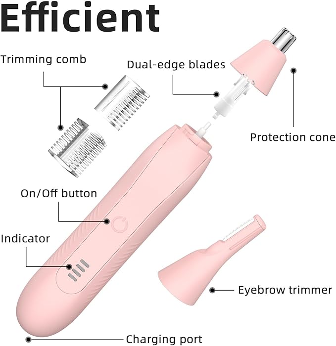 Ear and Nose Hair Trimmer for Men Women, Eyebrow and Facial Hair Trimmer with Powerful Motor and Dual-Edge Blades Rechargeable Painless 2 in 1 Metal Trimming Tool (Light Pink)