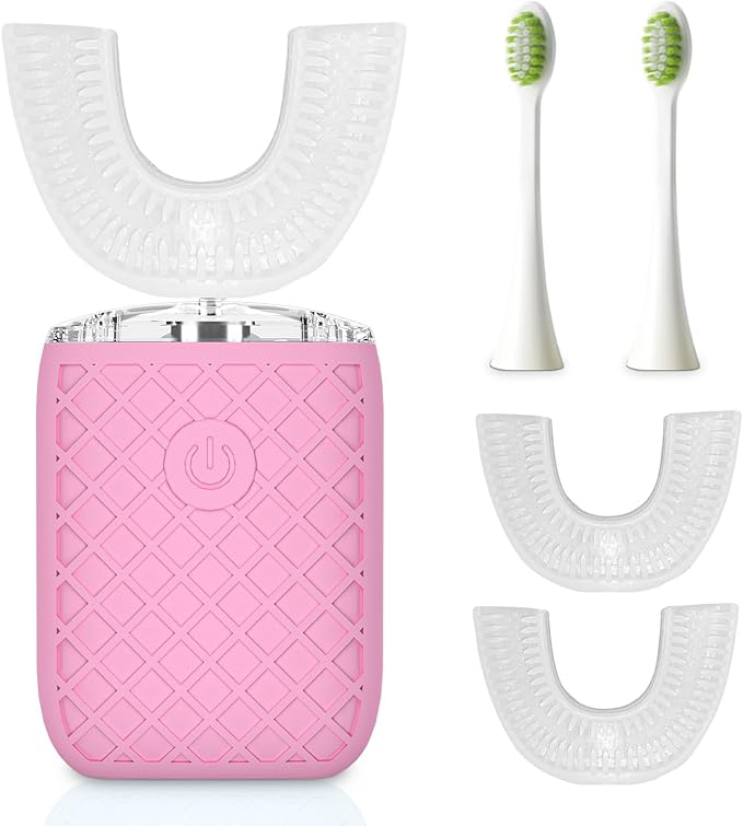 Automatic Sonic Electric Toothbrush - Adult U-Shaped Design, IPX7 Waterproof 360° Full Cleaning, Rechargeable Travel Set (Pink)