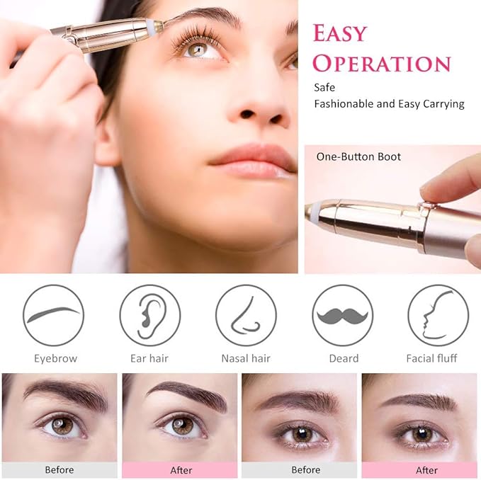 Eyebrow Hair Remover Razors, Painless Precision Eyebrow Trimmer, Portable Eyebrow Epilator Pen with Light and USB Charging, Cleaning Brush Included Eyebrow Hair Removal for Women