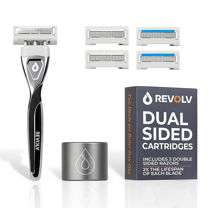 REVOLV - Men’s Razor Shaving Kit - 1 Premium Weighted Handle + 3 Dual-Sided Cartridges + 1 Stand - For a Closer, Smoother Shave - Safe on Sensitive Skin - 2 Razor Blade Refills - Black