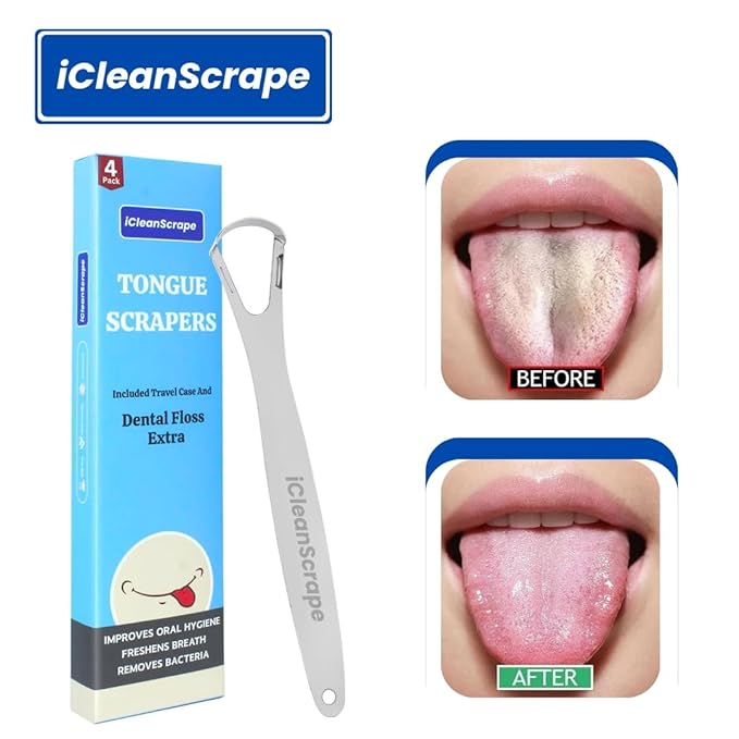 Tongue Scraper for Adults 4 Pack – Premium Stainless Steel Tongue Cleaner Kit with Travel Case & Mint Dental Floss, Reusable Heavy Duty Metal Tongue Scrubber for Fresh Breath & Daily Oral Care
