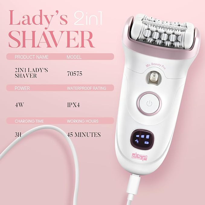 DSP 2 in 1 Women's Shaver - Electric Hair Removal Device with LED Display, IPX4 Waterproof, Fast Charging for Face/Legs/Arms