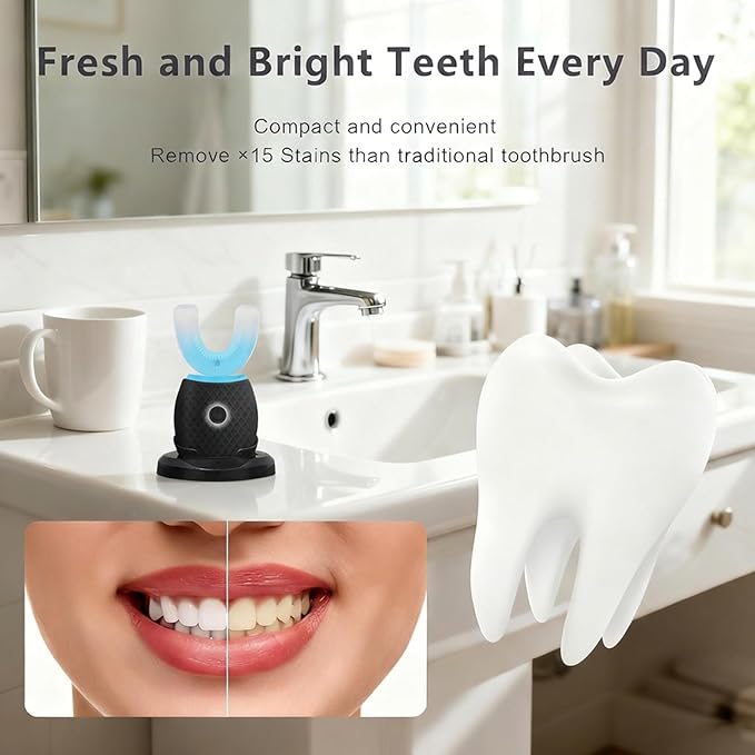 U-Shaped Toothbrush for Adults, All-in-One Foam Mousse & Ultrasonic Clean, Hands-Free with 4 Brush Heads, Blue LED Light, Advanced Charging Base (Black)