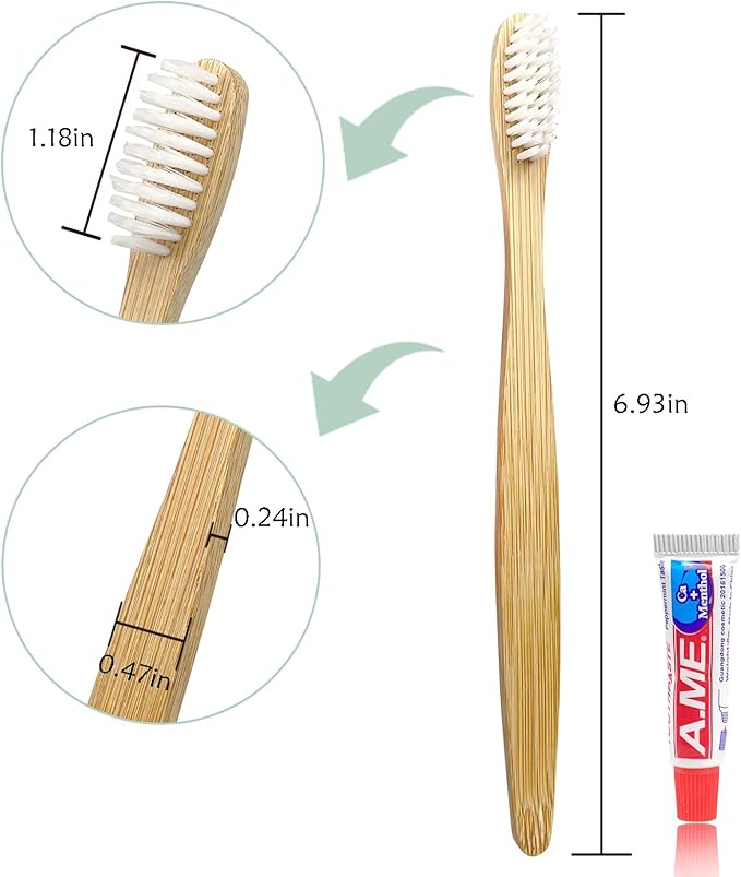 DincherBel Bamboo Toothbrushes Kit Bulk, Disposable Toothbrushes with Toothpaste(6g), Individually Wrapped Toiletries Amenities for Hotel, Airbnb, Homeless, Shelter, Camping and Travel (50 Pack)
