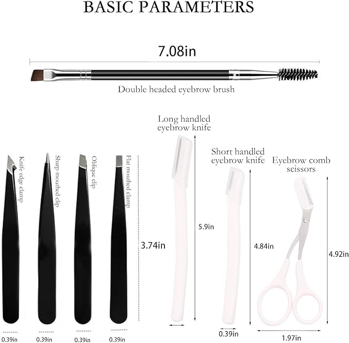 Precision Eyebrow Grooming Kit - 9 in 1 Professional Eyebrow Shaping Set - Tweezer Kit, Razor, Brush, Scissors, Nasal Hair Clipper - Black