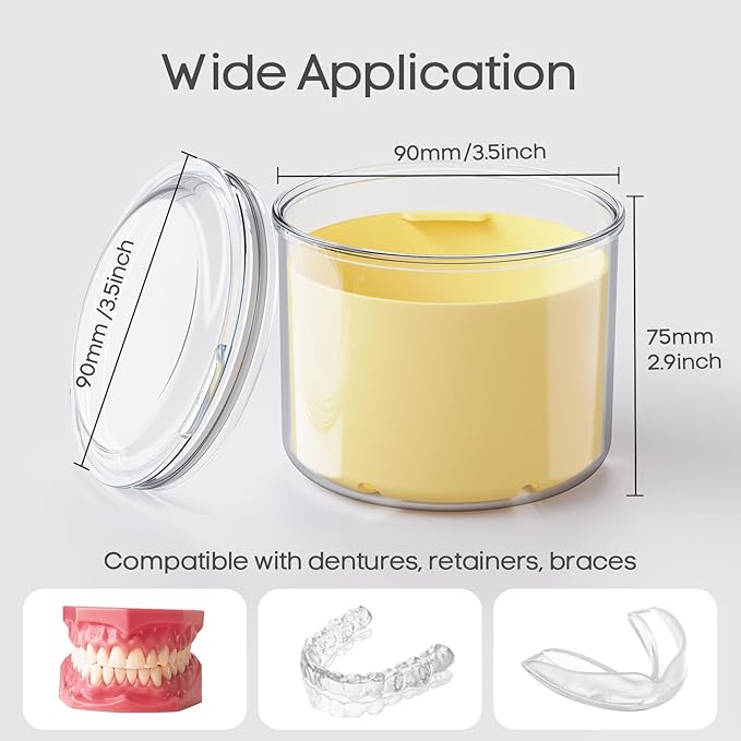 Denture Bath Cup with Cleaning Brush, Large Soaking Container with Strainer Basket for False Teeth & Night Guard, Oral Care Storage Holder for Home Use, Yellow