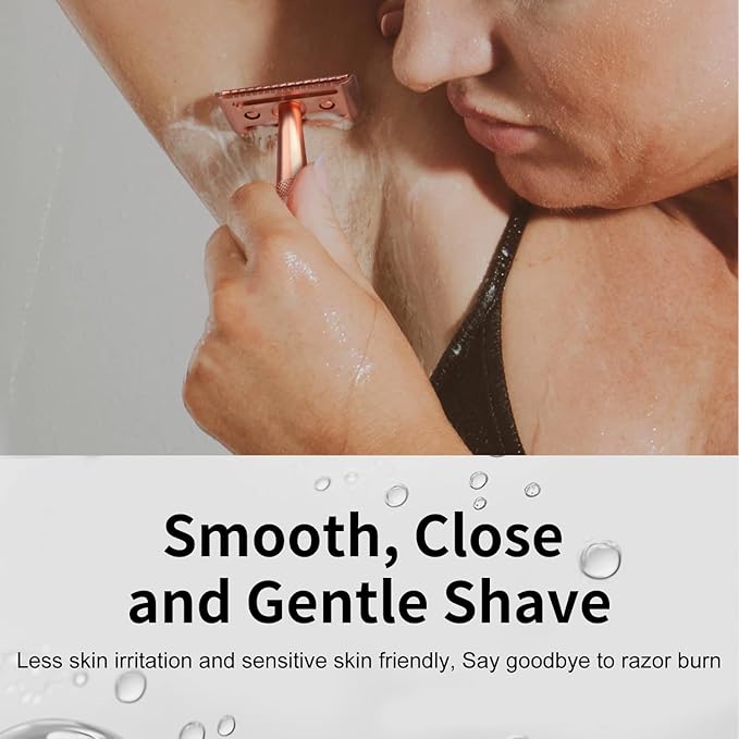 Single Blade Razors for Women, Stainless Steel Safety Razor with 10 Double Edge Blades, Reusable Metal Razor, Smooth Close Gentle Shave, Plastic Free, Rose Glod