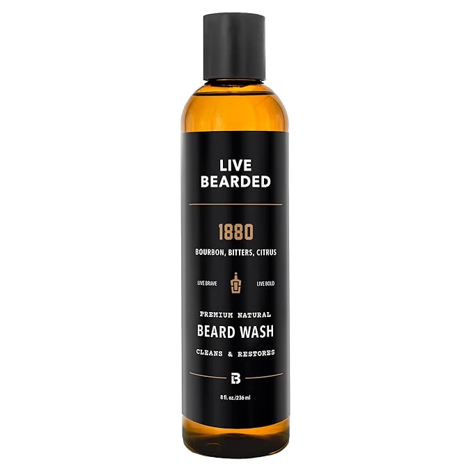 Live Bearded Beard Wash, 8 fl oz - Water-Based Face Cleanser with All-Natural Ingredients for a Gentle, Deep Clean - Made in the USA | 1880 Scent - Bourbon, Bitters, Citrus