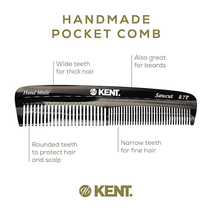 Kent R7T Fine and Wide Tooth Hair Comb, Handmade Pocket Comb for Men, Best Beard and Mustache Comb for Everyday Grooming and Styling, Sawcut, Made in England