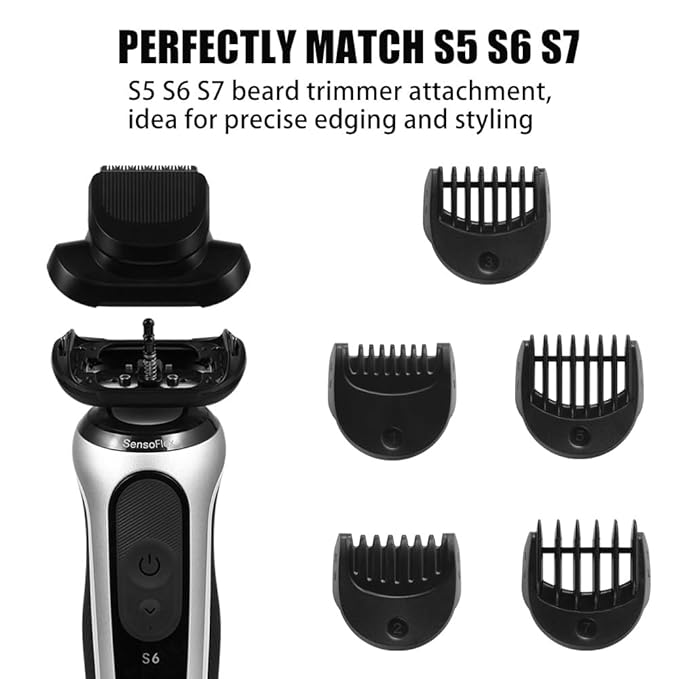 Beard Trimmer Attachment for Braun Series 5, 6 and 7 Electric Razors - 1 Replaement Trimmer Head + 5 Combs for Shaver 5018s, 5020s, 5050cs, 6075cc, 6020s, 6072cc, 7071cc, 7075cc, 7085cc, 7020s, 7027cs