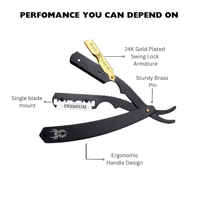 Black Widow Professional Straight Razor – Matte Black & Gold Barber Razor for Men – 1.5 mm Exposure, Swing Lock Grip, Stainless Steel Shavette for Barbers & Beginners pack of 10 blades
