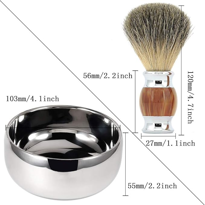 Grandslam Stainless Steel Shaving Bowl and Badger Hair Brush Kit - Wide Mouth, With Lid