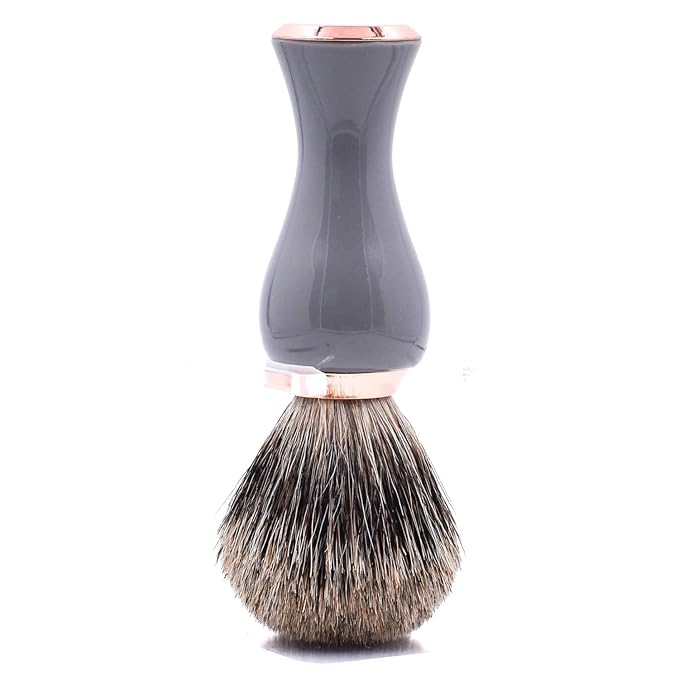 Parker 3-Band Pure Badger Shave Brush with Stand - Extra Dense Bristles - Deluxe Gray and Rose Gold Handle -Shaving Brush for Men & Women