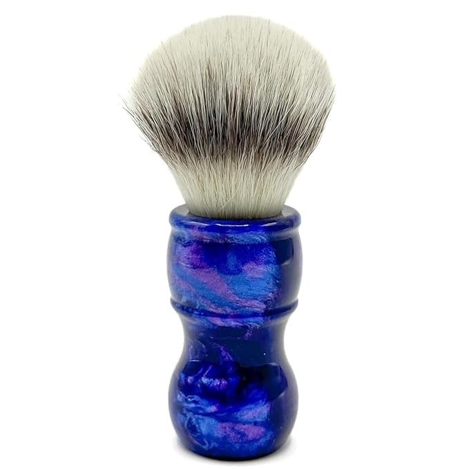 Parker “Blue Storm” Deluxe Synthetic Shaving Brush & Stand – 24 mm Knot, Iridescent Resin Handle, Ergonomic 122 mm Length, Handmade with a High Bristle Density for Rich Lather