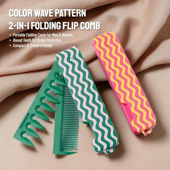 Protable Folding Hair Comb for Men, 2 in 1 Pocket Combs - Fine Tooth Comb, Styling for Everyday Grooming & Combing Hair, Beards and Mustaches (Green)
