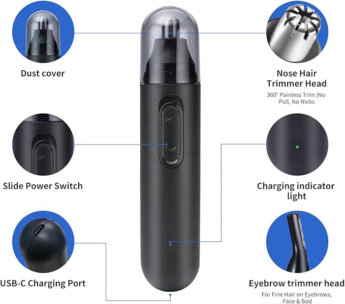 GERY Ear and Nose Hair Trimmer Clipper - Newly Upgraded Pain-Free Facial and Eyebrow Multi-Purpose Hair Trimmer,Interchangeable Nose Hair and Eyebrow Trimmer Heads,Rechargeable,Unisex