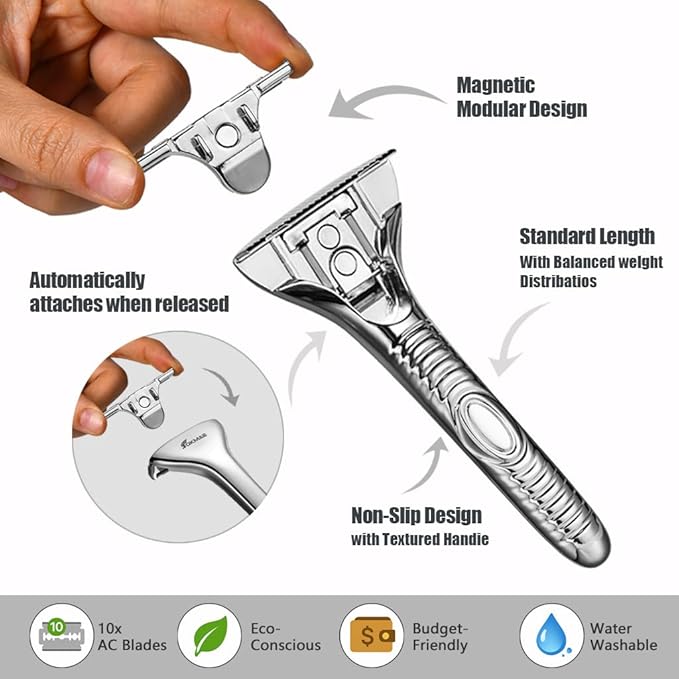 Single Blade Razors for Men and Women, Reusable Modular Safety Razor with Magnetic Head and Metal Non-Slip Grip, 10 Single Edge Razor Blades & Leather Case,Silver Roller