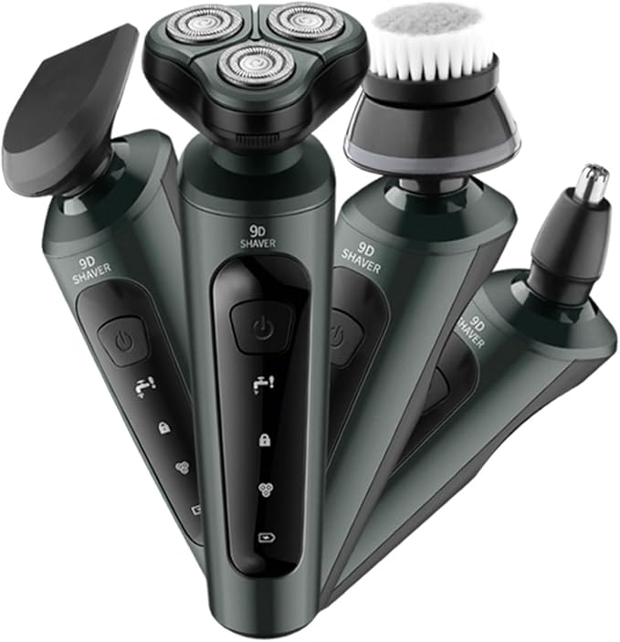 4-in-1 Electric Shaver for Men — Rechargeable, Equipped with Trimmer, Facial Cleansing Brush & Nose Hair Cutter, Full-Body Washable, Rotary 3-Blade System, 90 Minutes of Runtime
