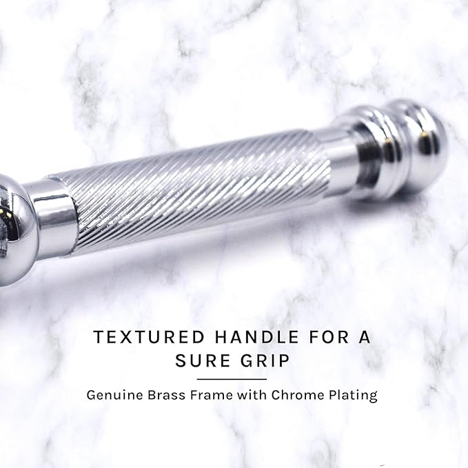 Parker 99R Chrome Long Handle Heavyweight Butterfly Open Double Edge Safety Razor for Men | 5 Parker Premium Platinum Double Edge Razor Blades Included | Iconic Brand