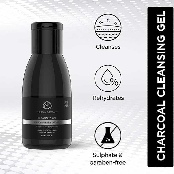 The Man Company Charcoal Cleanser for Oily Skin, Gel Based Cleanser (Black Pepper & Bergamot), Blackhead Cleanser, Oily Skin Facial Cleanser, 3.3 oz