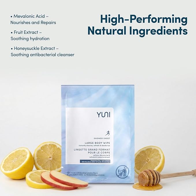 YUNI Beauty Large Body Wipes (Unscented, 30 Count) Super Soft Moist Showerless that Cleanse & Deodorize - On-the-Go Waterless Body Cleanser - Biodegradable Individually Wrapped Wipes for Travel