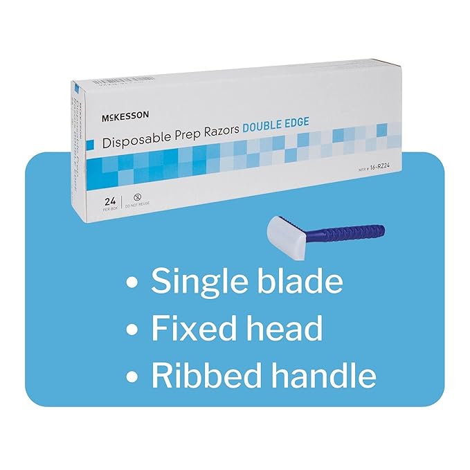 McKesson Disposable Razors [24 Count] Prep Shaving Razor, Single Blade Double Edge, Stainless Steel Blade, For Men and Women, Bulk, Blue