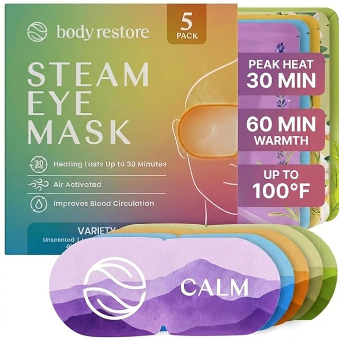 Body Restore Self Heating Warm Compress for Dry Eyes 5 Pack - Heated Eye Mask for Fast Relief, Birthday Gifts for Women, Men, Travel Essentials, Stye Eye Treatment, Eye Patch, Relaxation - Variety