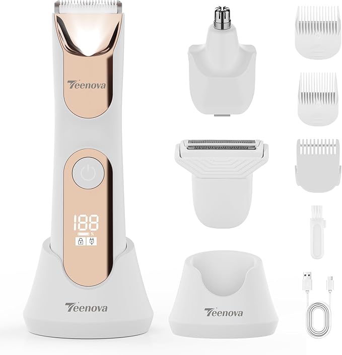 Electric Body Hair Trimmer Shaver - 3 in 1 Pubic Trimmer for Men - Bikini Trimmer for Women - No Nick Groin Ball Razor with Ceramic Blade Heads, Wireless Dock Charging, Wet/Dry Use (White)