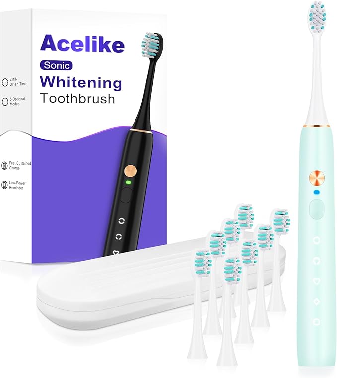 Whitening Electric Toothbrush for Adults and Kids, Rechargeable Toothbrush with 8 Brush Heads & Travel Case, 5 Modes & Smart Timer, 45000VPM Deep Clean, IPX7,One Fast Charge Last 120 Days - Blue