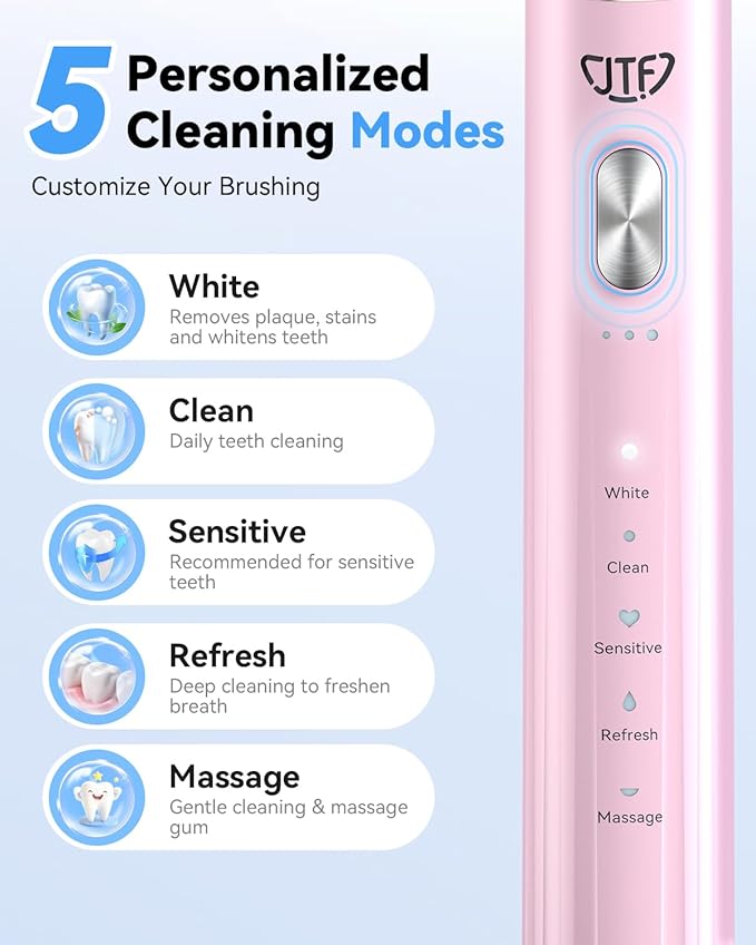 JTF Sonic Electric Toothbrush with UV Sanitizing & Drying: 5 Modes for Effective Yet Gentle Cleaning – with 6 Brush Heads, Rinse Cup, Wireless Charging Base, Rechargeable for Daily Care, Home & Travel