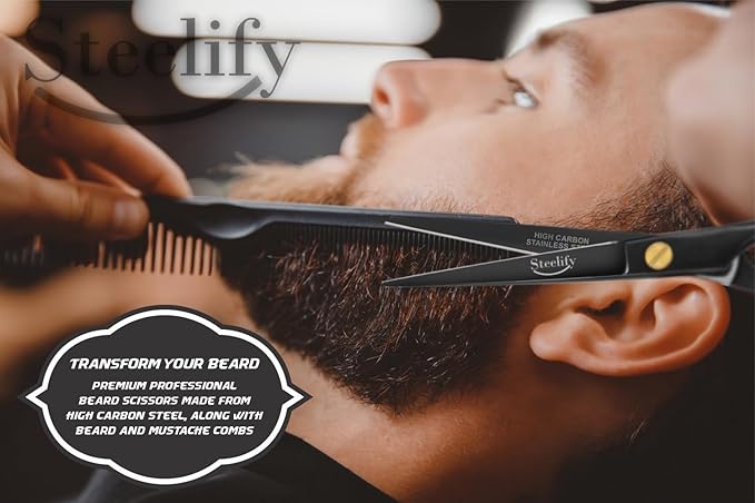 5" Beard Mustache Scissors with 1 Mustache Comb, 1 Beard Comb and Leather Pouch – Professional Beard Trimming Scissors for All Facial Hair – Grooming Scissors Men