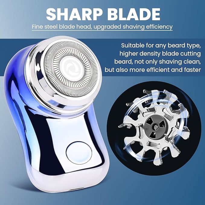 Mini Travel Electric Shaver, Portable Pocket Size Rechargeable Shaving Razor Lightweight Razor with Battery Power Display Wet & Dry Rotary for Teen Office Business(Color:Blue)