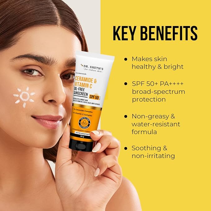 Dr. Sheth's Ceramide & Vitamin C Oil-Free Sunscreen SPF 50+ PA++++ | Non Greasy | For Oily Skin | For Men & Women | 50 g