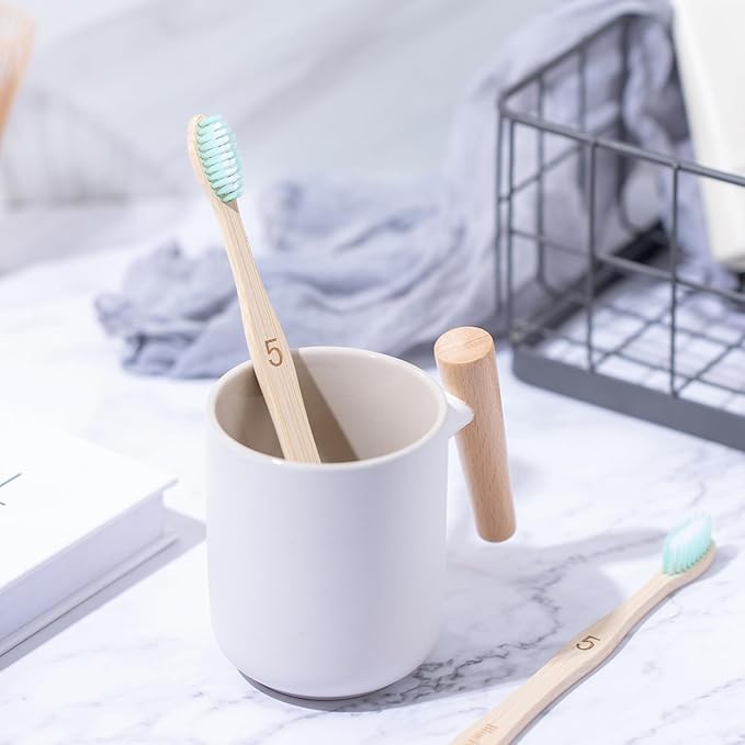 Bamboo Toothbrushes 10 Count Set, BPA Free Soft PBT Bristles, Natural Eco-Friendly Wooden Toothbrush, Organic Biodegradable Travel Tooth Brush for Adults