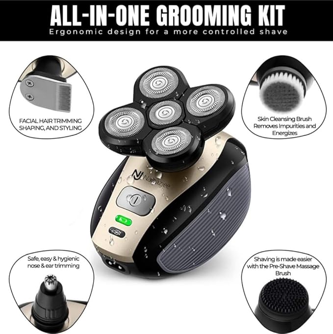 5 in 1 Electric Shaver Bald Head Shaver Head Shavers for Bald Men Electic Razor Waterproof IPX7 Cordless Rechargeable Trimmer for Nose Ear Face Body Hair Wet Dry Men Head Grooming Kit Hair Clippers