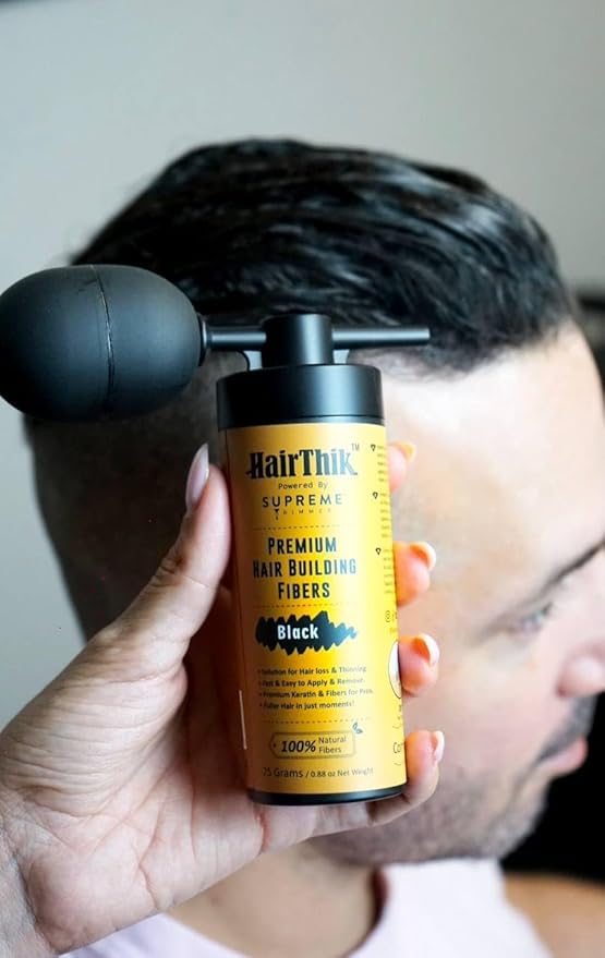 Supreme Trimmer Hair Building Fibers 8-in-1 Kit | 25G Keratin Fibers, Pump Nozzle, Hairline Cards, S&L Shaker, Brush, Wipes, Mirror | Conceal & Thicken Thinning Hair in Men & Women | Black